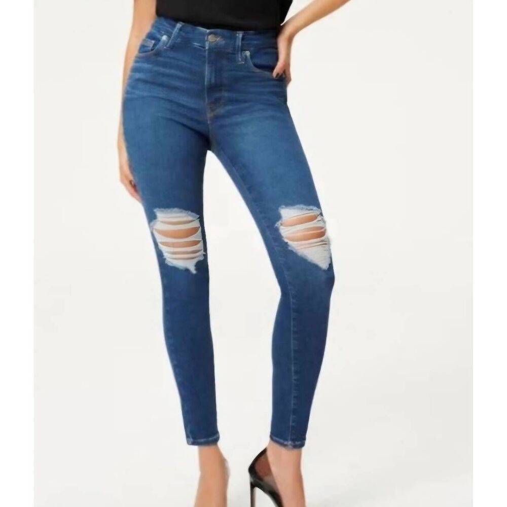 NWTโGood American Always Fits Blue05 Mid Rise Distressed Skinny Jeans Size 00-4